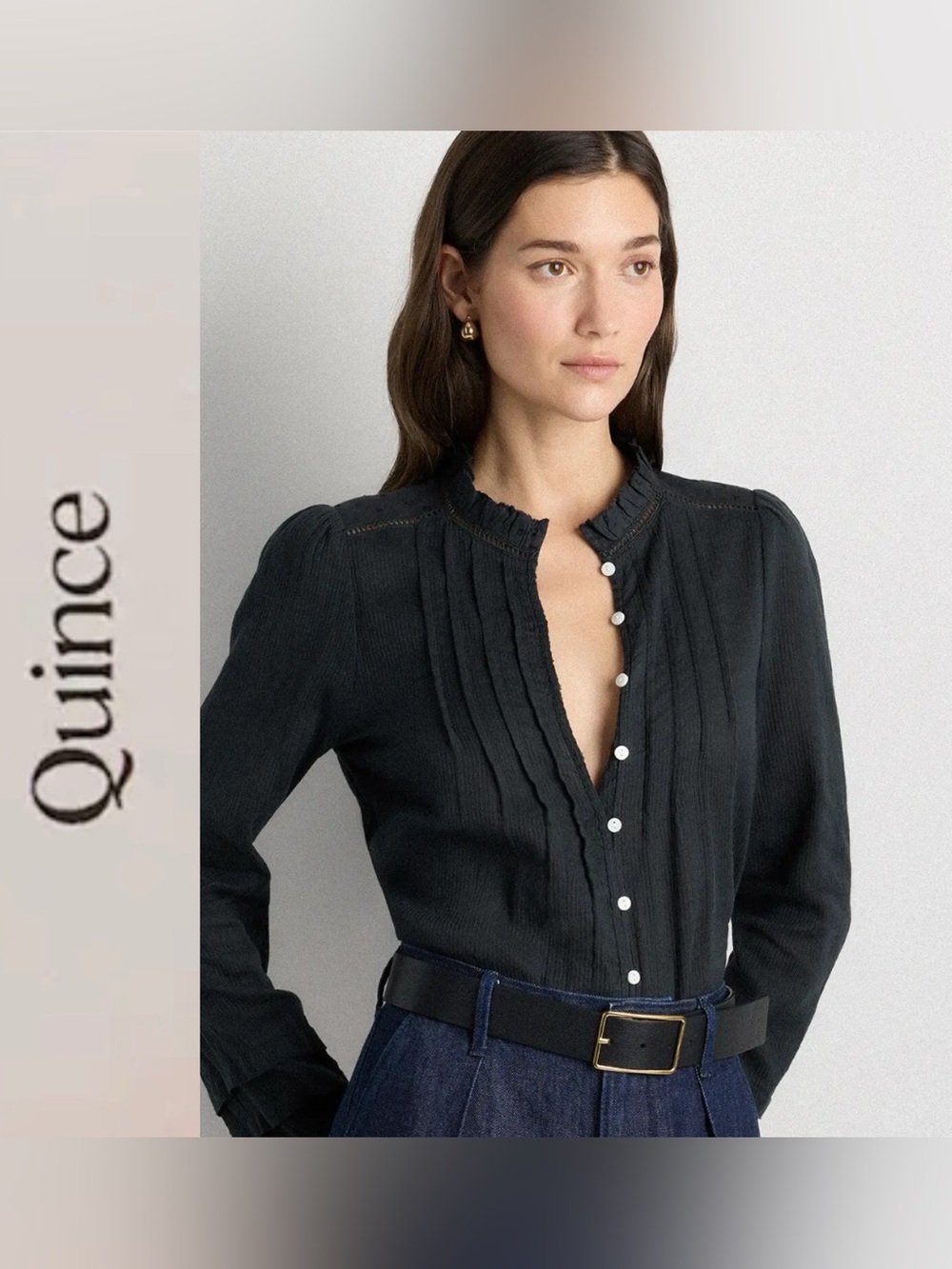 Quince Buttondown Peasant Blouse Gray Medium